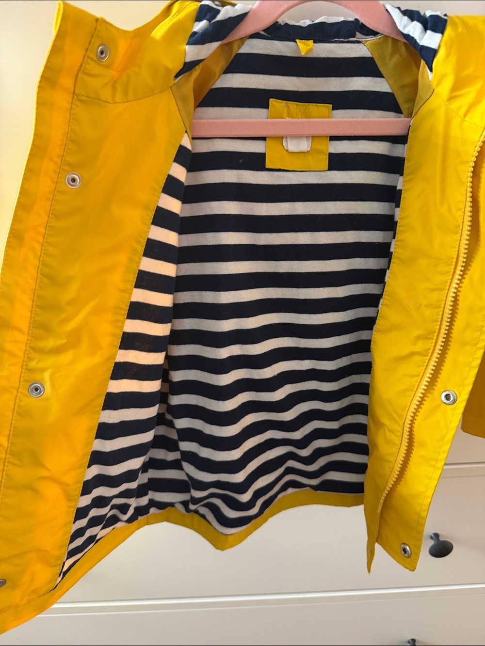 GAP Unisex Bright Yellow Hooded Kids Raincoat with Navy/White Striped Interior - Picture 5 of 10